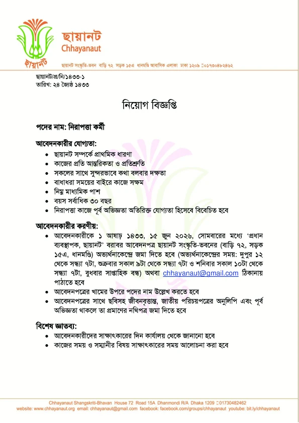 নিয়োগ বিজ্ঞপ্তি, নিরাপত্তা কর্মী